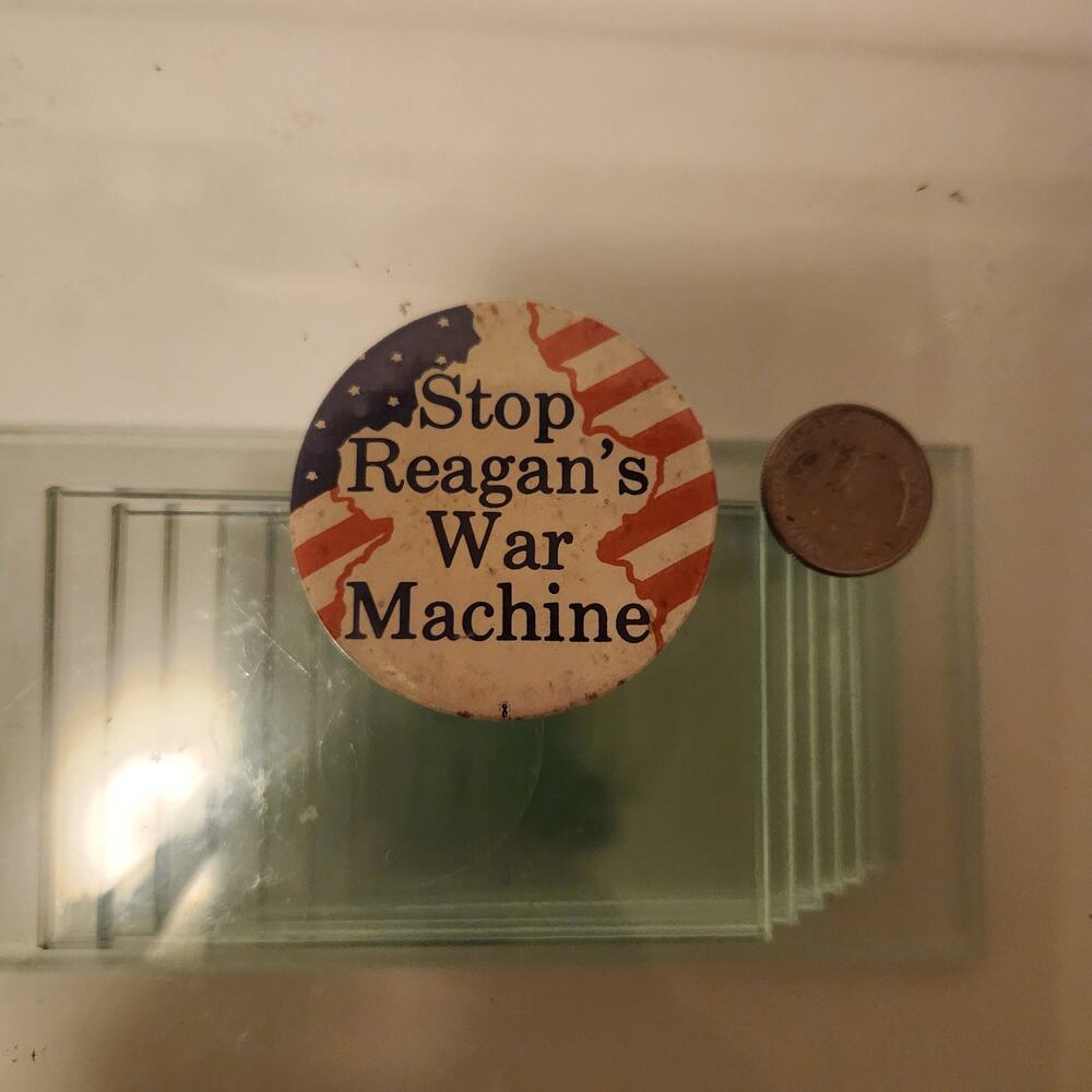 Political "Stop Reagan's War Machine" Pin Vintage